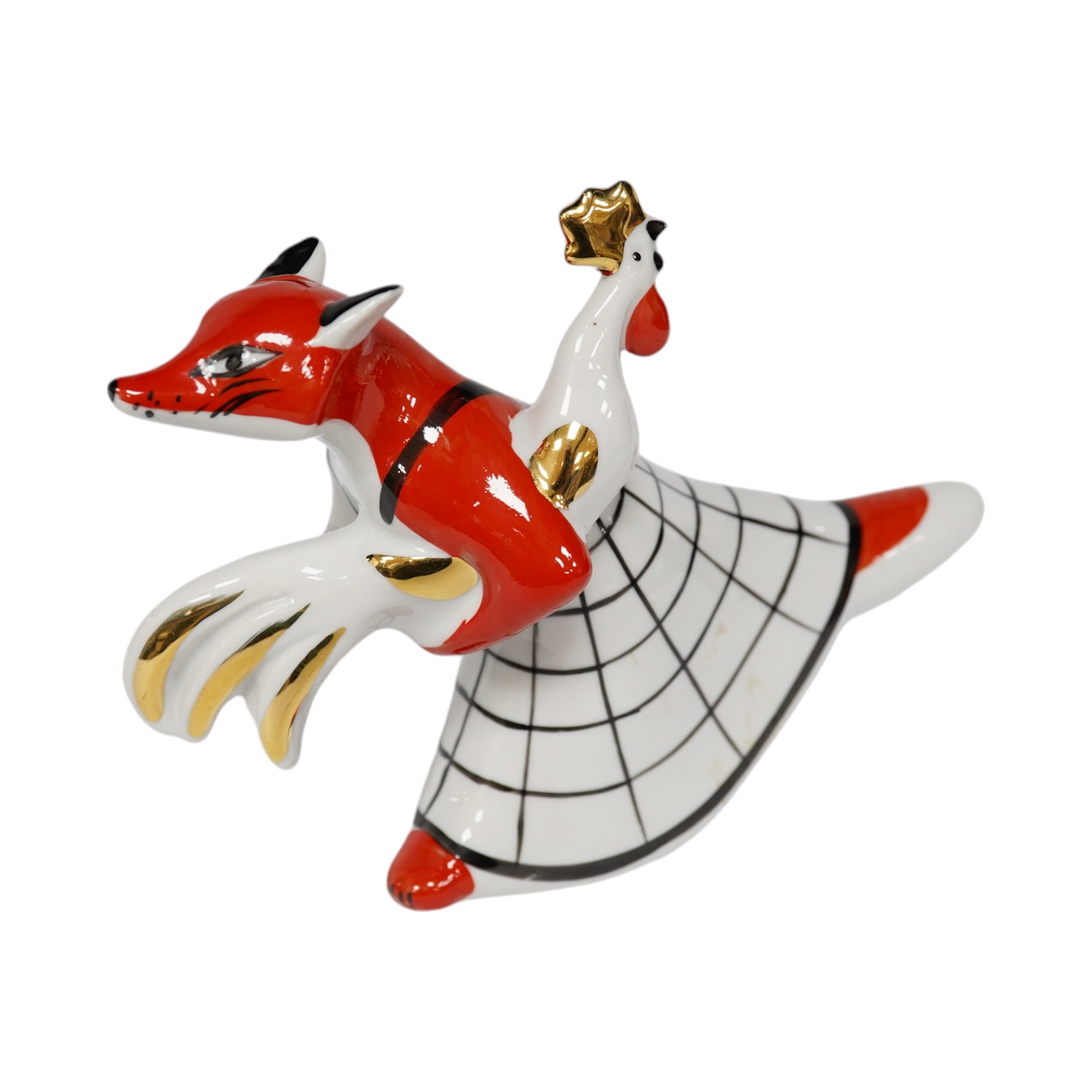 A Russian porcelain fox and rooster figure, stamped to the base, 18cm wide. Condition - good